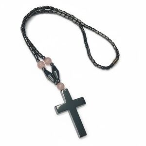 Gunmetal Hematite & Rose Quartz Beaded Cross Necklace